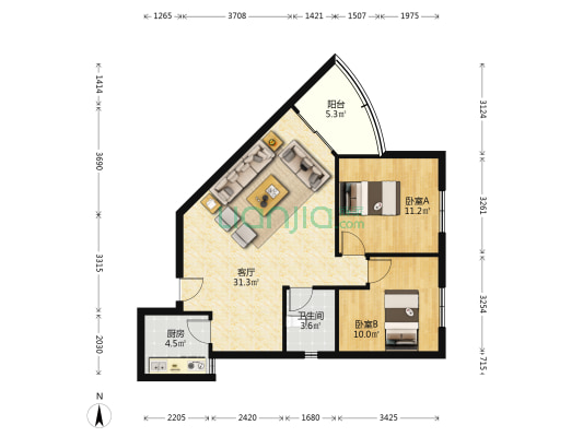 联升大厦 2室1厅1卫 92平方
