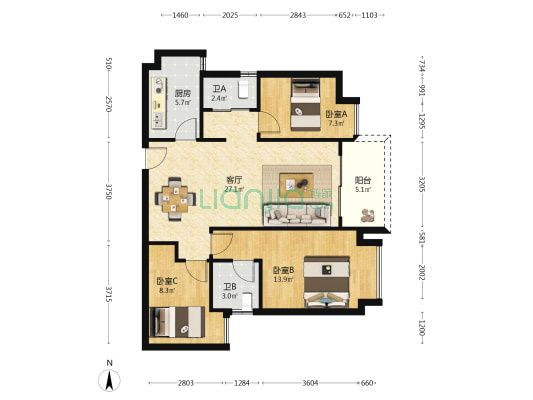 雅居乐双子星 3室1厅2卫 97平方