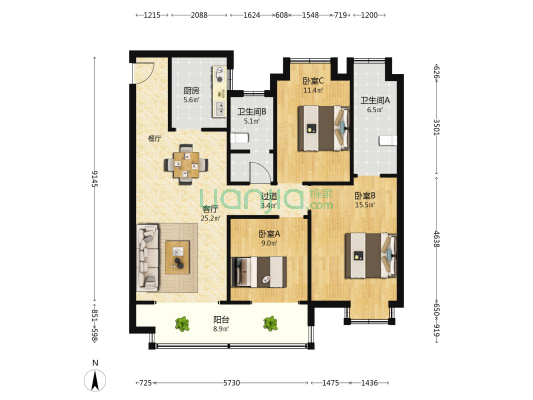 中皋珺园 3室1厅2卫 128平方