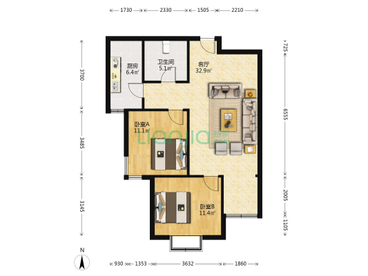 福地裕锦园 2室1厅1卫 93平方