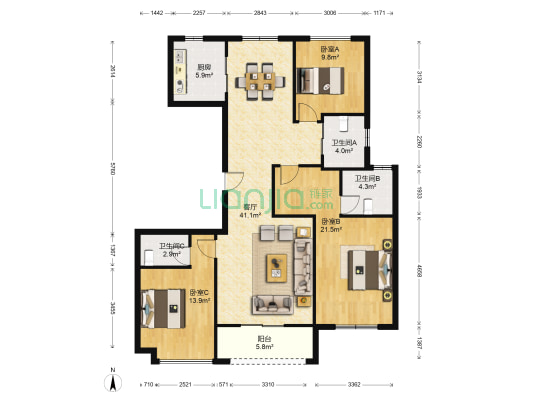 万科·尚城家园 3室1厅3卫 125平方
