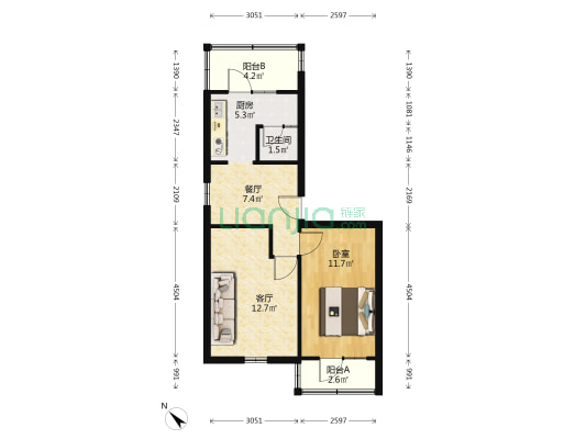 饮马河街13号 1室2厅1卫 54平方