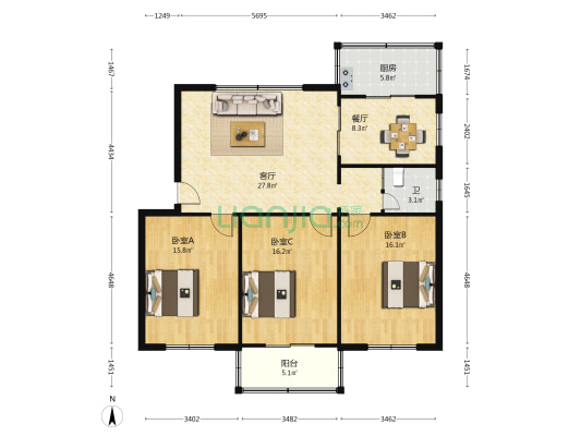 保险公司住宿楼 3室2厅1卫 91平方