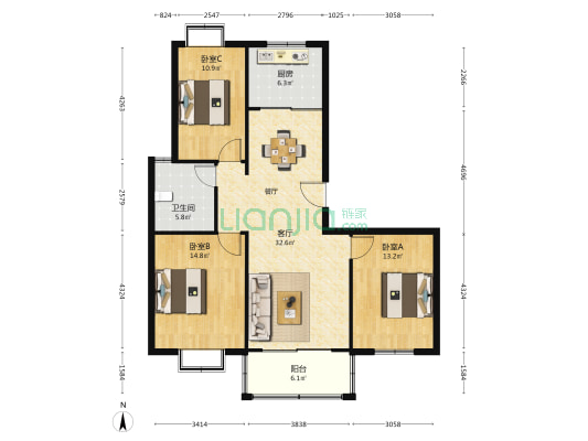 丽都花苑 3室1厅1卫 117平方