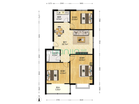 百合花苑 3室1厅1卫 99平方