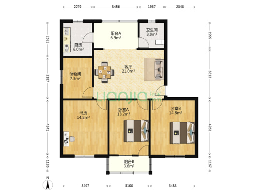 将花社区 3室1厅1卫 109平方