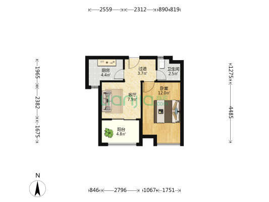 国贸学原三期 1室1厅1卫 45平方