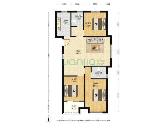 铂金国际广场 3室1厅2卫 127平方