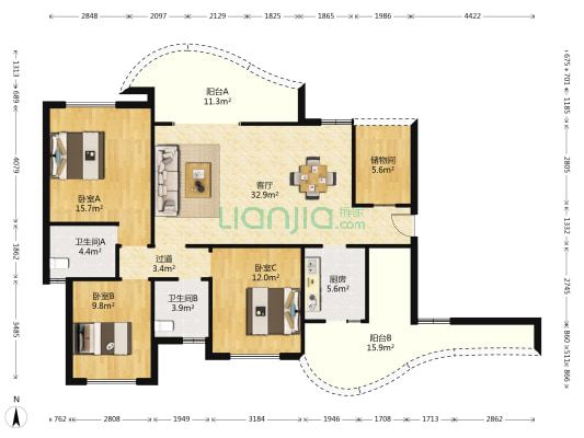 诚卓高端 3室1厅2卫 121平方