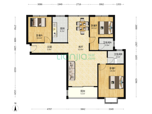 欧蓓莎城市广场 3室1厅2卫 122平方