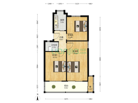 逍遥津小区 3室0厅1卫 75平方