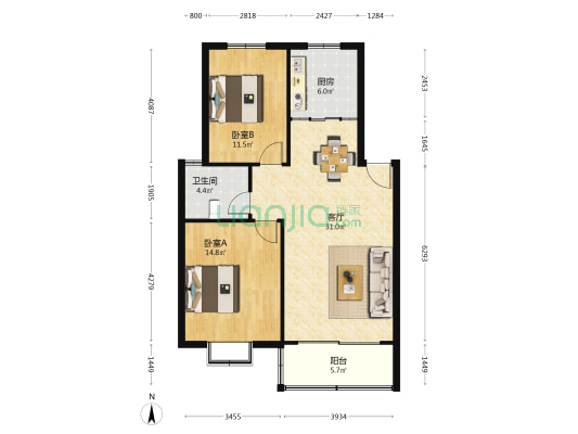 陆电新村 2室1厅1卫 90平方