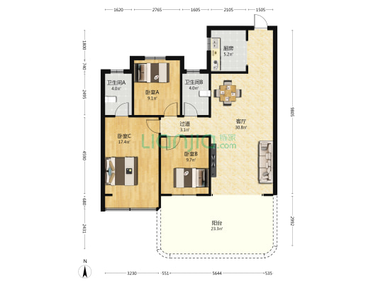 康桥旭强云庐 3室1厅2卫 119平方