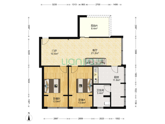延安中路85号 2室1厅1卫 67平方