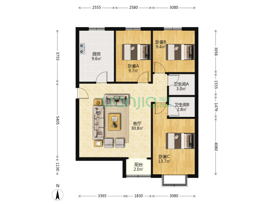 天保郦景 3室2厅 南 北-户型图