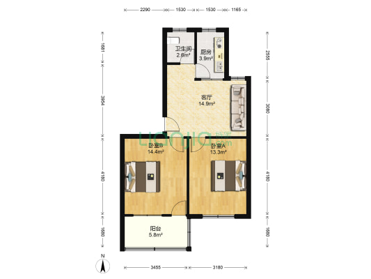 闸东小区 2室1厅1卫 66平方