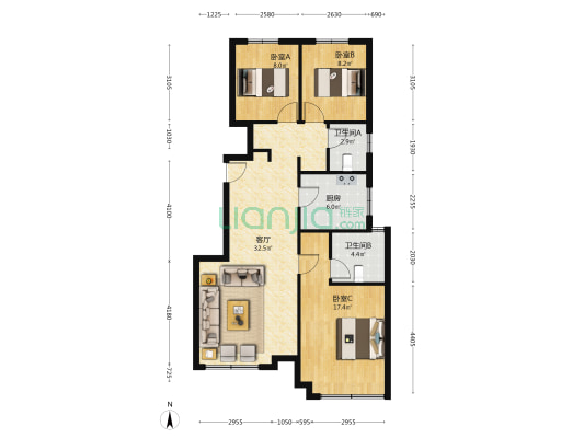 华远海蓝城 3室1厅2卫 107平方
