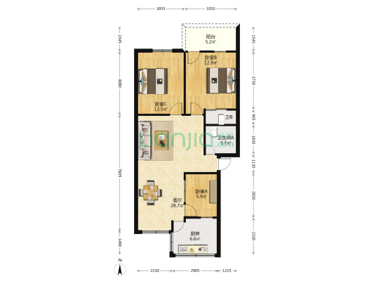 天盛小区 3室1厅2卫 88平方