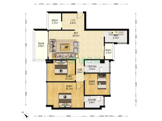 世纪广场 3室1厅2卫 115平方