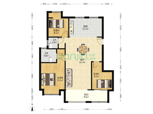 湖光晨樾 3室1厅2卫 108平方