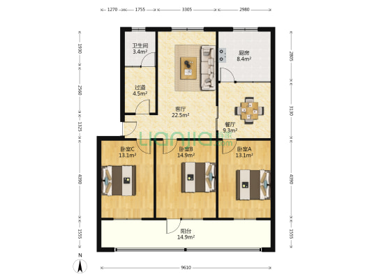 廉农家园 3室2厅1卫 127平方
