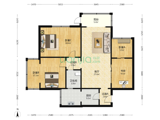 南鑫公寓 4室1厅1卫 123平方