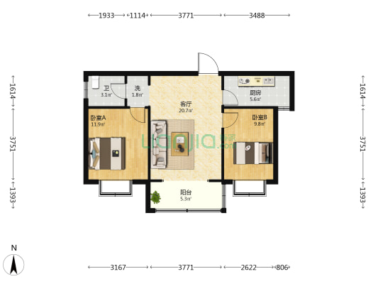 和谐家园小区 2室1厅2卫 87平方