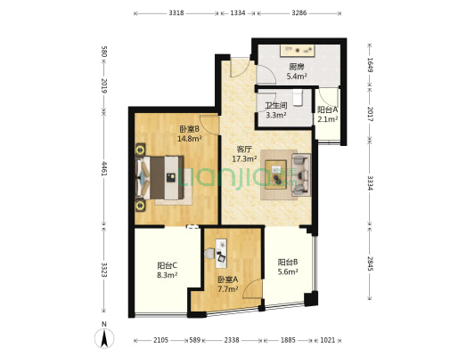 空港16区 2室1厅1卫 54平方