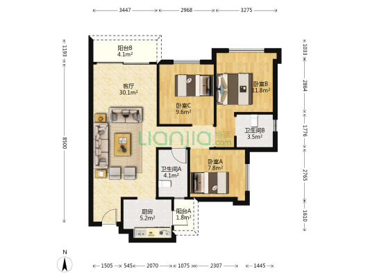 花样年香门第北区 3室1厅2卫 95平方