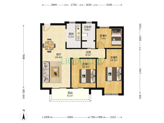 中南.上悦城 3室1厅1卫 97平方