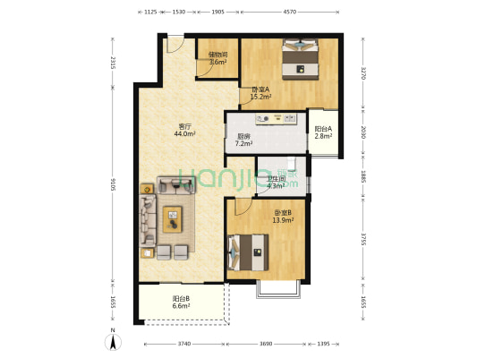 莲花新居 2室1厅1卫 107平方