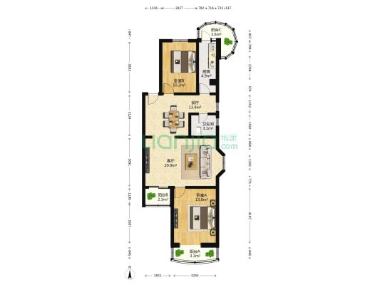白广路东里1号院 2室2厅1卫 99平方