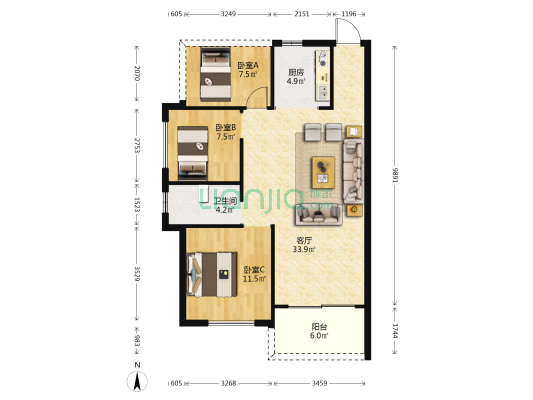 香树御园 3室1厅1卫 87平方