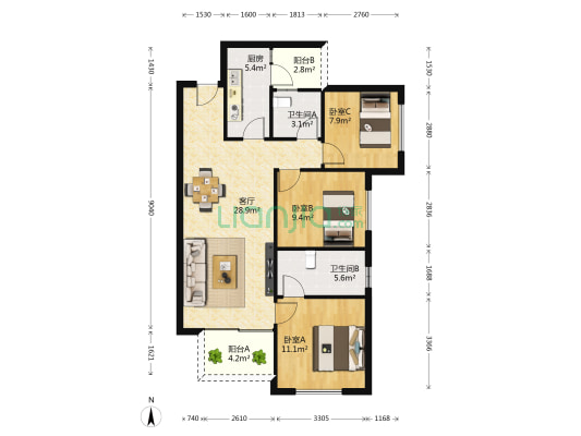 万科第五城一期 3室1厅2卫 91平方