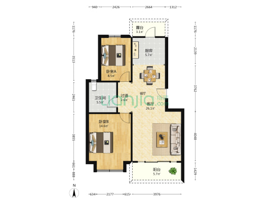香格丽苑 2室1厅1卫 85平方