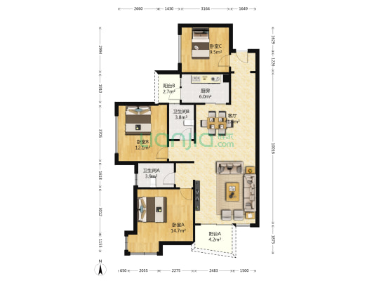 千禧河畔B区 3室1厅2卫 88平方