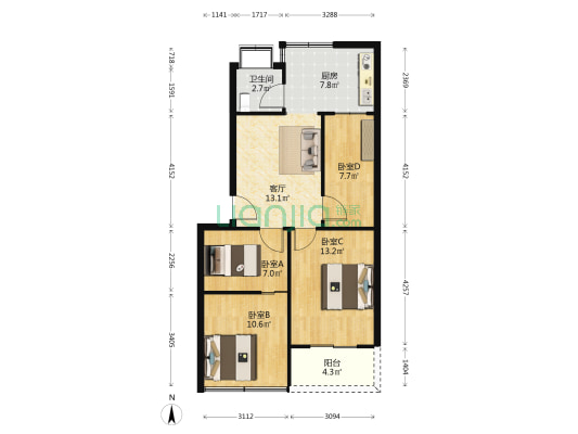 商业巷9号 4室1厅1卫 77平方