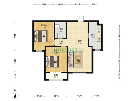 瀚兴苑 2室1厅1卫 95平方