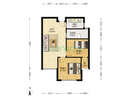 富丽阳光 2室1厅1卫 76平方