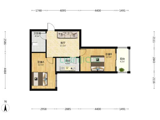 金叶枫景小区 2室1厅1卫 70平方