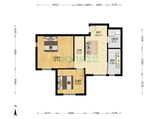 盛青园 2室1厅1卫 91平方