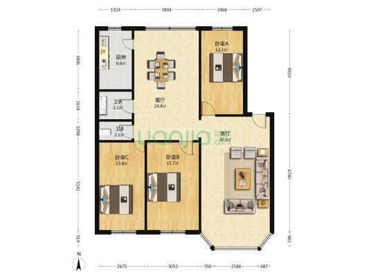 青津小区 3室2厅2卫 132平方