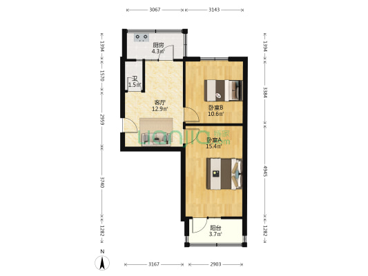 石铁运校宿舍 2室1厅1卫 53平方