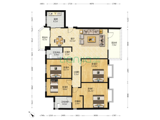 南国中心二期 4室1厅2卫 168平方