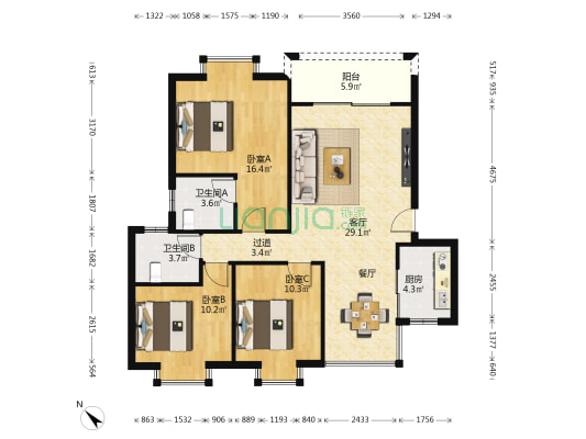 怡昌花园 3室1厅2卫 101平方