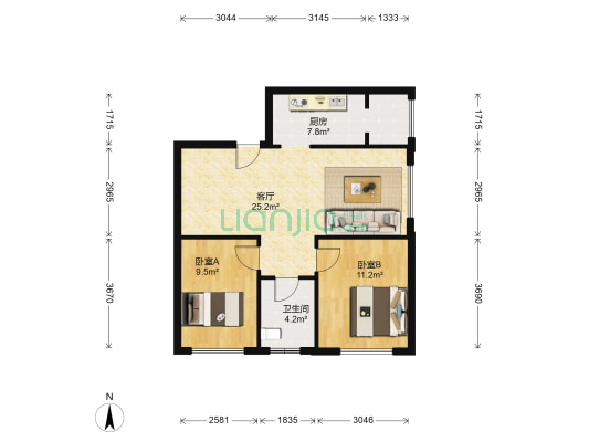 枫蓝国际 2室1厅1卫 91平方