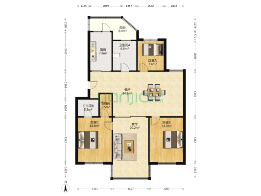 外代公寓 3室2厅2卫 132平方