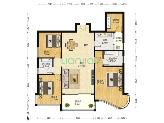 国华花园 3室1厅2卫 136平方