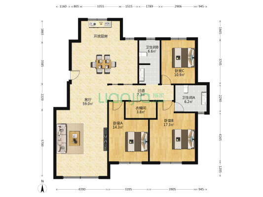 明珠城叁号院 3室1厅2卫 151平方