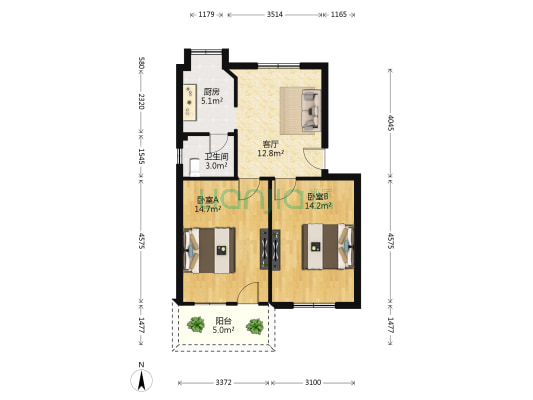 江西省二建公司北京东路住宅区 2室1厅1卫 62平方